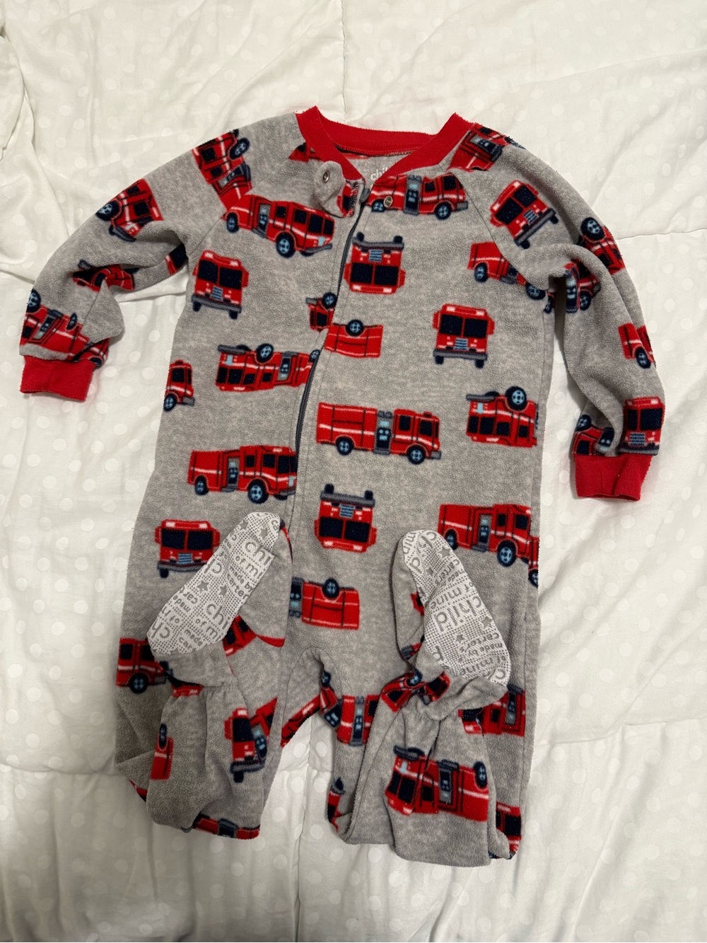 Carter's Grey and Red Firetruck Footed One-Piece Pajamas